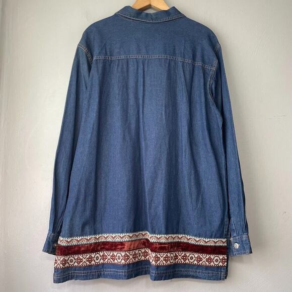 Willow Ridge Womens Size XL Artsy Blue Jean Denim Shirt Velvet Boho Aztec Tunic - Picture 6 of 8
